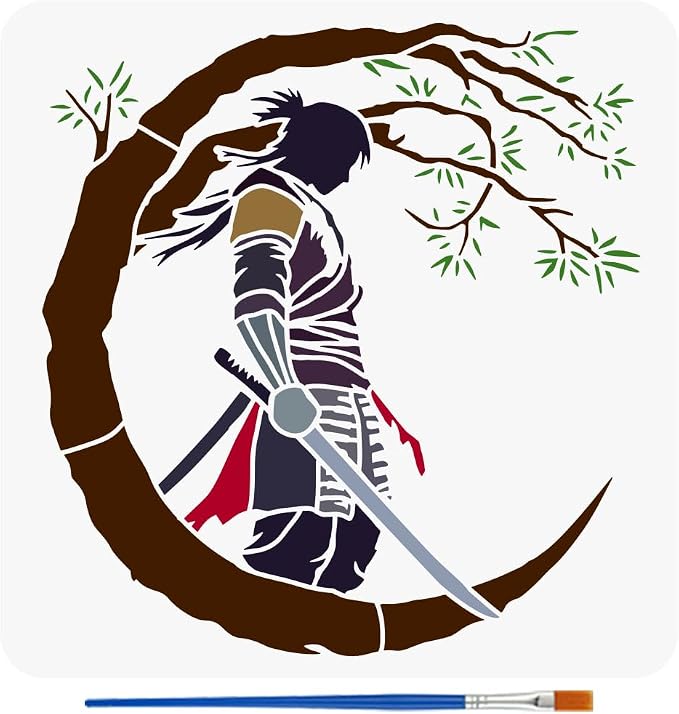 FINGERINSPIRE Samurai of The East Painting Stencil with Brush 11.8x11.8inch Plastic PET Katana Tree Pattern Drawing Template Decorative Hollowed Oriental Theme Stencil for Painting on Wood Canvas by FINGERINSPIRE