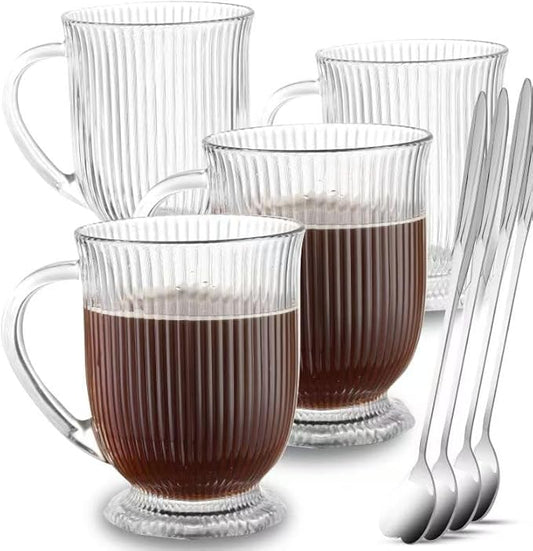 Ribbed Clear Glass Coffee Mugs Set of 4 with Spoon,16 Oz Large Glass Tea Cups with Handle Diner Latte Cups with Footed Base for Hot Beverages,Cappuccino & Espresso Cups, Stylish Drinkware