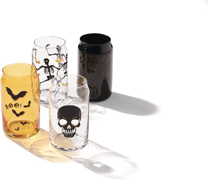 Oneida Vintro Halloween Can Cooler Glasses, 16oz, Set of 4 | dishwasher safe | skeleton and bat designs | halloween party glassware | 5.75 inch, 16oz, halloween kitchen decor - Image 2