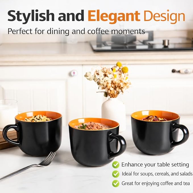 GBhome Jumbo Soup Mugs with Handles, 24 Oz Large Coffee Mugs Set of 4 | Ceramic Soup bowls for Soup Cereal Snacks Salad Noodles Cups, Microwave safe - Matte Black, Orange Inside - Image 6