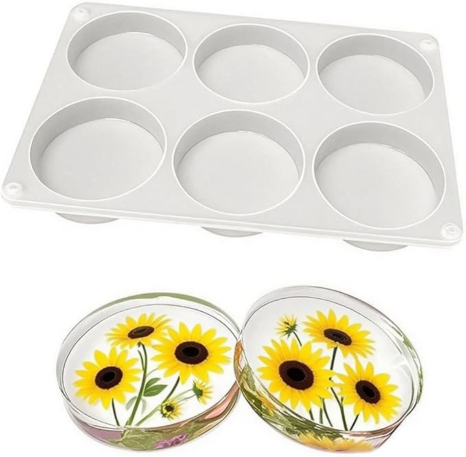 6-Cavity Deep Round Coaster Silicone Molds for Epoxy Resin, 4 Inches Coaster Resin Mold for Flower Bouquet Preservation