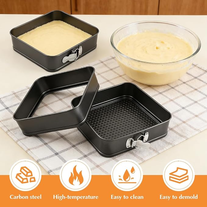 Set of 3 Springform Cake Tins Heavy Duty, Double Layer Non-Stick Coating, Removable Base, Heavy Duty Carbon Steel, Perfect for Frozen Desserts - Oven Safe Bakeware(SIZE:square) - Image 6