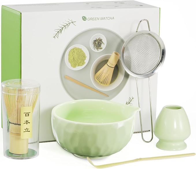 Matcha Whisk Set, 5 Pcs Matcha Kit with Ceramic Bowl (Chawan) with Spout, Bamboo Whisk, Scoop, Sifter, Holder & Tea Cloth – Japanese Matcha Tea Set for Ceremony, Latte & Gifting