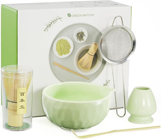 Matcha Whisk Set, 5 Pcs Matcha Kit with Ceramic Bowl (Chawan) with Spout, Bamboo Whisk, Scoop, Sifter, Holder & Tea Cloth – Japanese Matcha Tea Set for Ceremony, Latte & Gifting