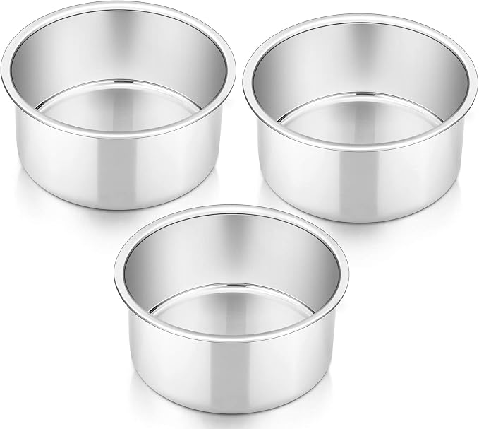 P&P CHEF 4 Inch Round Cake Pan Set of 3, Stainless Steel Baking Cake Pans | Round Baking Cake Pan Bakeware for Layer Birthday Cake, Fit Oven/Pots/Pressure Cooker, Leakproof & Dishwasher Safe, Silver by PPCHEF
