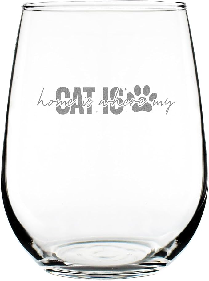 Cat Lover Stemless Wine Glass, 'Home is Where My Is', 17oz Hand Engraved Etched Glassware by Make+Your+Mark+Design