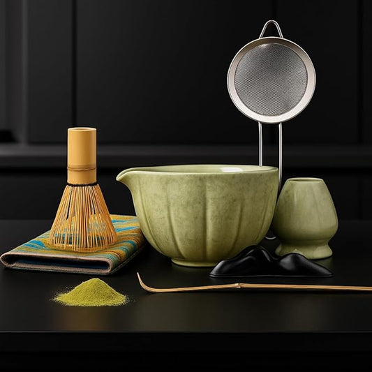 Green Matcha Whisk Set – 7 Pcs Japanese Matcha Kit, Bowl (Chawan) with Spout, Bamboo Whisk (Chasen) & Holder, Scoop (Chashaku), Sifter, Tea Towel – Perfect for Matcha Lovers & Tea Ceremony
