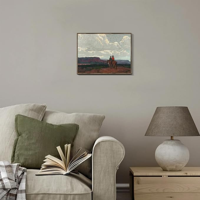 XOCUUI Western Cowboy Unframed Canvas Wall Art Vintage Print Oil Paintings, Horse Rider At Sunset Print Rustic Mountain Landscape Painting, Mid Century Antique Moody Retro Artwork Wall DéCor(8"X10") - Image 4