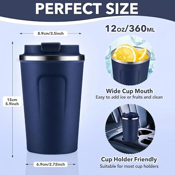 Volhoply 12 oz Double Wall Insulated Vacuum Travel Coffee Mug with Flip Lid,Reusable Stainless Steel Leak Proof Coffee Cup,Portable Iced Cafe Thermal Tumbler Suitable for Hot & Cold Drinks(Navy,1 Set) - Image 2