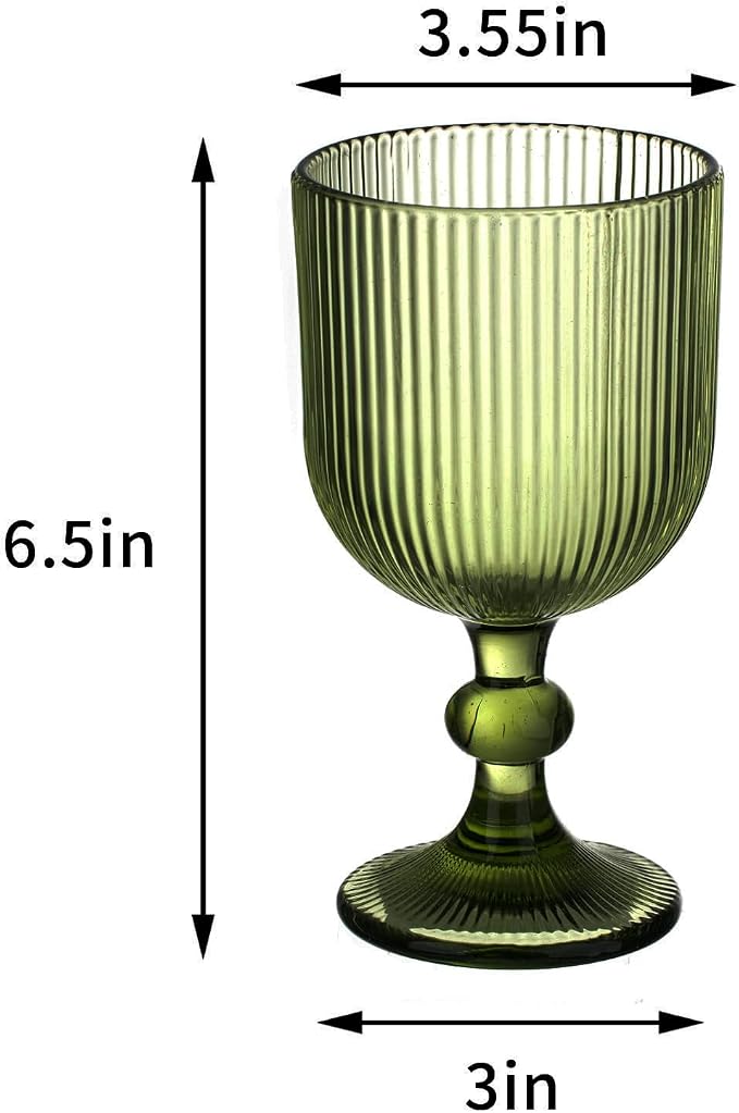 Green Vintage Wine Glasses Set of 6, 11 Ounces Colored Glass Water Goblets, Unique Embossed Pattern High Clear Stemmed Glassware Wedding Party Bar Glass Drinking Cups Fancy Glasses Vertical Line - Image 6