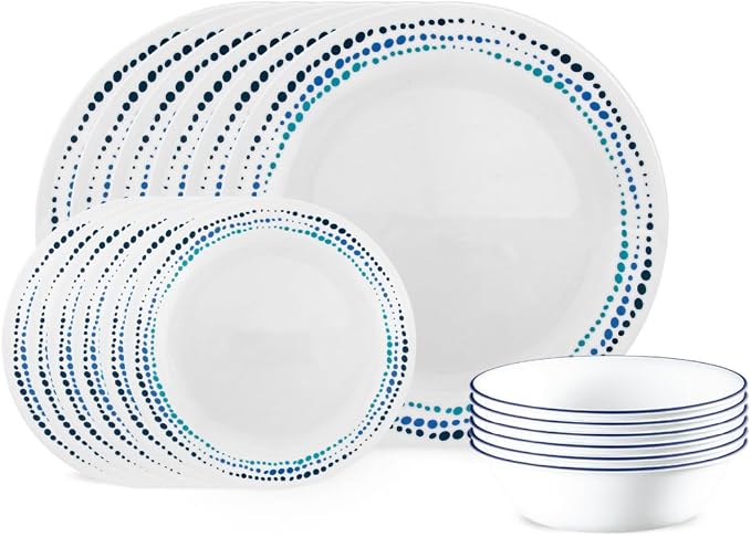 Corelle Vitrelle 18-Piece Service for 6 Dinnerware Set Triple Layer Glass and Chip Resistant, Lightweight Round Plates and Bowls Set, Ocean Blue by Corelle