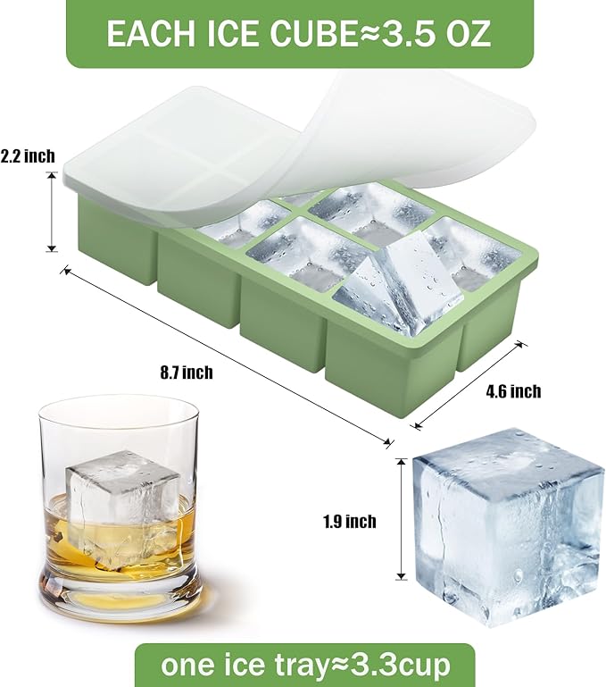 Large Ice Cube Molds, 2 Pack Easy Release Ice Trays for Freezer with Lid, Stackable Square Big Silicone Ice Cube Tray BPA Free Slow Melting for Bourbon Whiskey, Cocktails, Iced Coffee (Green)
