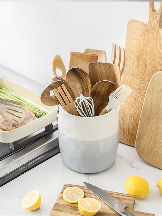 DOWAN Utensil Holder, 6.5″ Large Utensil Holder for Kitchen Counter, Ceramic Utensil Crock with Table-Protection Cork Mat, Utensil Organizer Caddy for Tongs, Spoons - Image 2