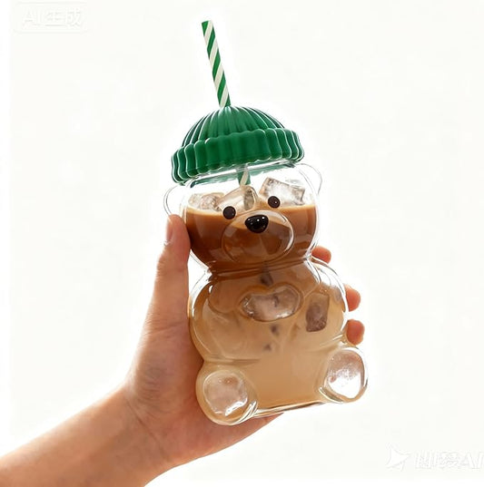 2025 New Bear Straw Glass Cup, 20oz Cute Glass Mug with Straws for Coffee, Juice, Milk and Tea, Leak-Proof Lid, BPA-Free (1 PC)