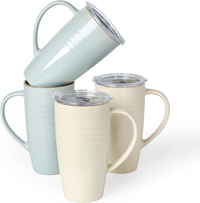 famiware Jupiter Large Coffee Mug, 20oz Coffee Mug with Lid, Ceramic Mugs Set of 4, Cup Set with Handle for Latte, Tea, Cocoa, Milk, Microwave and Dishwasher Safe,Light Blue and Vanilla White by Famiware