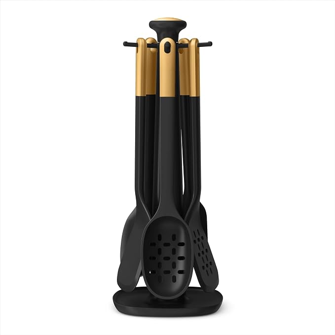 Kitchen Utensil Set, 6-Piece Silicone Kitchen Utensil Set with Rotating Rack - Non-Scratch, Heat Resistant Tools & Gold Stainless Steel Handles (Black) by Unknown