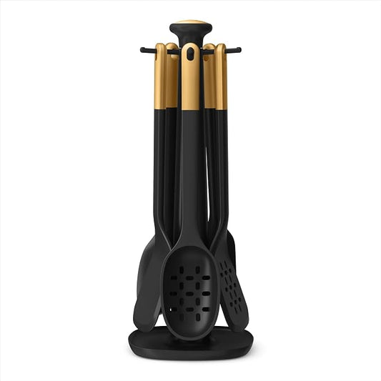 Kitchen Utensil Set, 6-Piece Silicone Kitchen Utensil Set with Rotating Rack - Non-Scratch, Heat Resistant Tools & Gold Stainless Steel Handles (Black) by Unknown