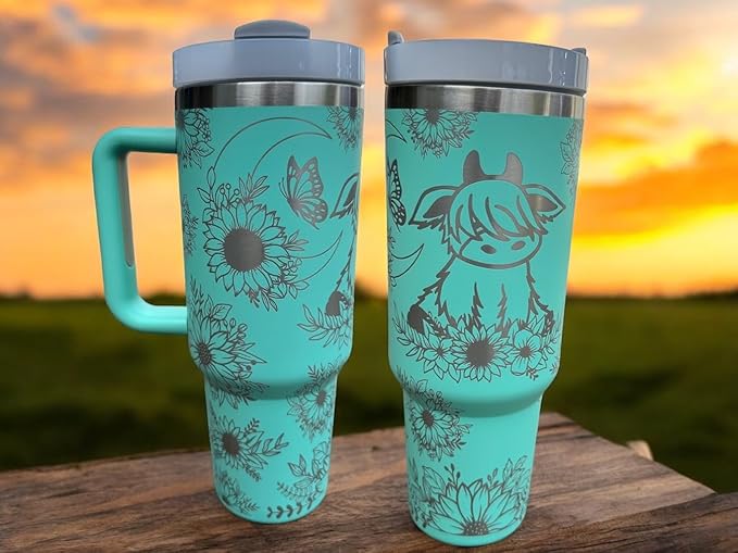 Tumbler, 40oz Tumbler, Western Tumbler, Engraved Cup with Handle, Cute Coffee Mug, 40oz Coffee Mug (Mint-Baby cow/Sunflower)