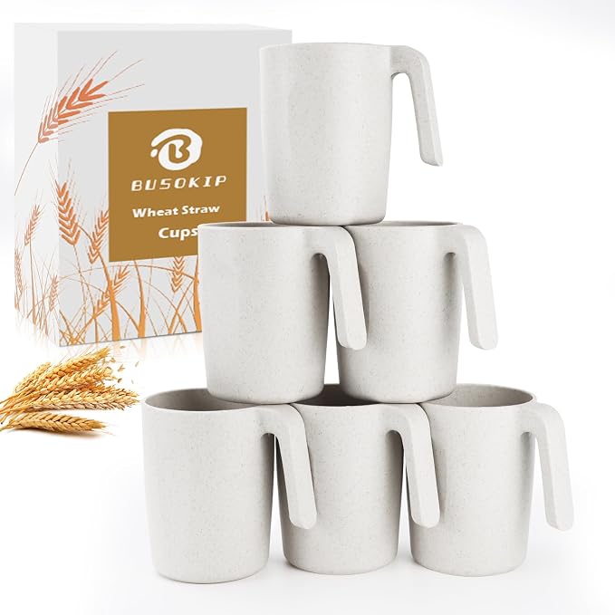 Wheat Straw Cups 16 OZ, Unbreakable Coffee Mugs Set of 6, Alternatives to Plastic Drinking Cups Reusable, Dishwasher Safe Coffee Cups for Kitchen, Camping, Farmhouse - White by BUSOKIP