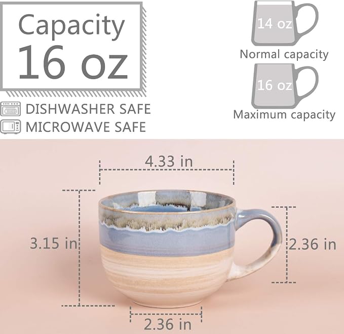 Bosmarlin Large Ceramic Coffee Mug Set of 2, Stoneware Jumbo Latte Mugs for Office and Home, 16 Oz, Dishwasher and Microwave Safe(Blue, 2) - Image 2