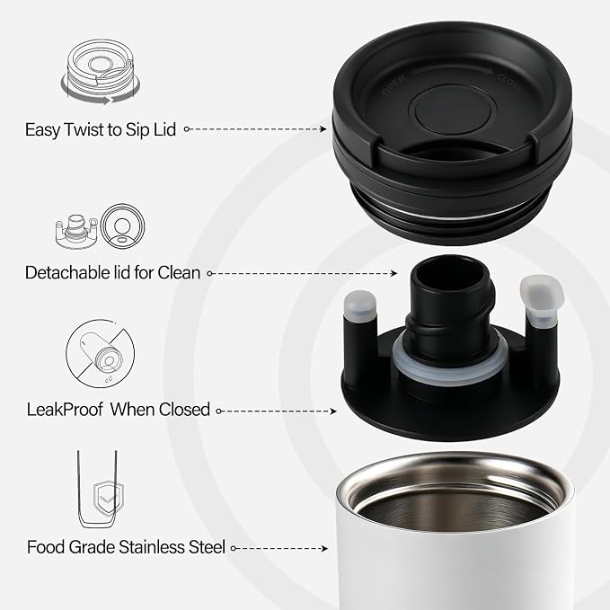 16 oz Travel Coffee Mug with Twist-Open Lid, Leak Proof Coffee Travel Mug, Insulated Tumbler Stainless Steel Coffee Cup For Hot And Iced Cold, Spill Proof Fits Cup Holder (White) - Image 4
