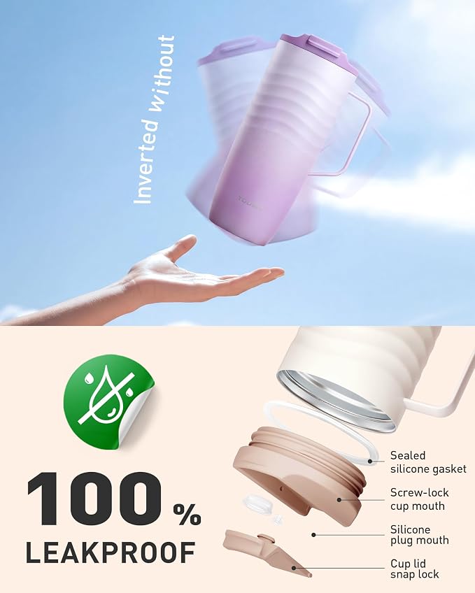 TOURIT 20oz Insulated Coffee Mug with Handle, Leak-Proof Travel Tumbler | 20oz · Side Handle · Ripple Grip · 6h Hot/12h Cold · Leak-Proof · Silicone Base · 304 Steel - Image 6