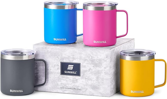SUNWILL Travel Coffee Mugs Set of 4, Insulated Tumbler with Lid, 14oz Stainless Steel Cup with Handle Bulk for Gift, Camping, Office, Powder Coated Charcoal, Royal Blue, Magenta, Yellow by SUNWILL