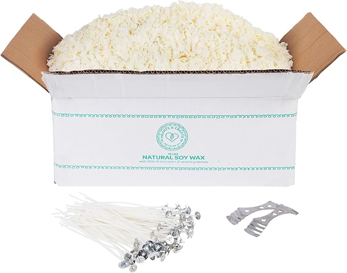 Hearts & Crafts Soy Candle Wax Kit - 10 lb Wax Flakes with 100 Cotton Wicks and 2 Wick Holders - DIY Supplies for Crafting Candles, Tarts, and Scented Creations