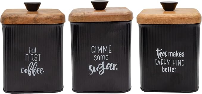 AuldHome Design Farmhouse Black Enamelware Canisters (Set of 3); Storage Containers for Coffee, Tea and Sugar in Black Enamel and Wood Design by AuldHomeDesign