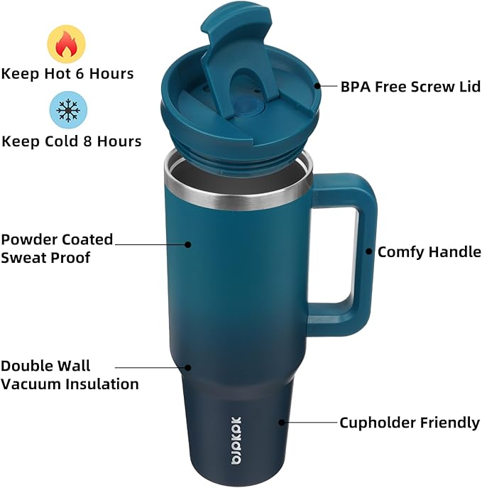 BJPKPK 40 oz Insulated Tumbler with Handle & Straw, Stainless Steel | Double Wall Vacuum Insulation, Leak Proof, BPA Free, Dishwasher Safe, Cupholder Friendly, Travel & Outdoor, Indigo Black - Image 2