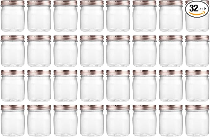novelinks 8 oz Plastic Mason Jars and Clear Plastic Jars with Lids 8 oz | 32 Pack, Rose Gold, Plastic Containers with Lids, Small Mason Jars, Clear Jars Bulk, Spice Jars, Slime Jars, Mini Jars by novelinks