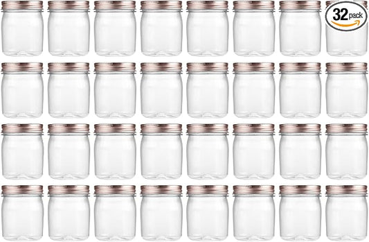 novelinks 8 oz Plastic Mason Jars and Clear Plastic Jars with Lids 8 oz | 32 Pack, Rose Gold, Plastic Containers with Lids, Small Mason Jars, Clear Jars Bulk, Spice Jars, Slime Jars, Mini Jars by novelinks