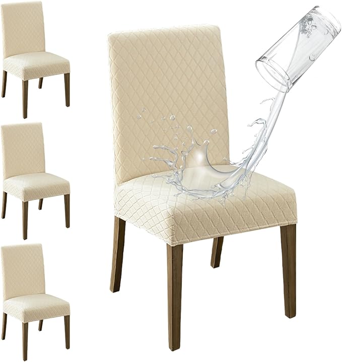 MOSAYT 100% Waterproof Dining Room Chair Covers Set of 4, Super Fit Stretch Jacquard Parson Chairs Slipcovers Removable Washable Chair Seat Protectors for Home, Kitchen, Banquet (Beige - XL) by MOSAYT