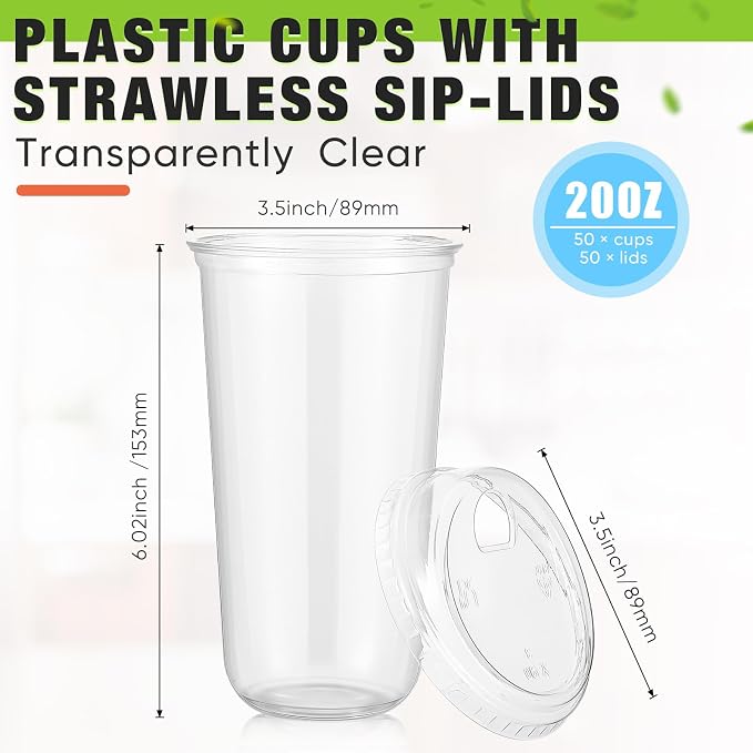 Ziliny 50 Sets Clear Plastic Coffee Cups with Sip Lids, Disposable Plastic PET Crystal Cups for Iced Coffee, Smoothie, Cold Beverage, Drink Shops and Party Catering(Clear,20 oz) - Image 3