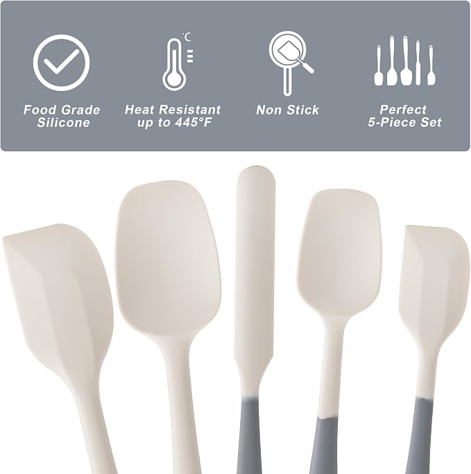 Silicone Spatula Set,5 Piece Food Grade Rubber Spatulas,Gray+White | Spatulas Silicone Heat Resistant for Baking,Cooking,and Mixing High Heat Resistant Non Stick Dishwasher Safe BPA-Free - Image 3