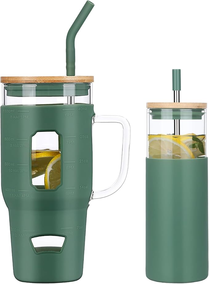 Glass Cups with Lids and Straws - 40 oz Tumbler with Handle - 16 oz Reusable Water with Bamboo Lid, Stainless Steel Straw, Silicone Sleeve for Coffee, Smoothi, Hot, Cold Drinks (2 Count)
