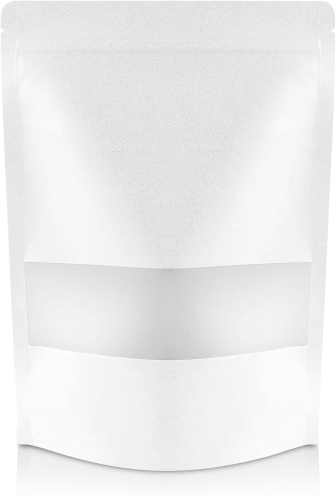 DiRose White Kraft Stand Up Pouches with Window, Reclosable Food Storage Bags, Heat Sealable Stand Up Pouch for Coffee, Candy, Nuts, Tea, Spices – 2 Pound (100 Pack) by DiRose