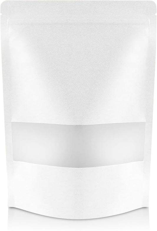 DiRose White Kraft Stand Up Pouches with Window, Reclosable Food Storage Bags, Heat Sealable Stand Up Pouch for Coffee, Candy, Nuts, Tea, Spices – 2 Pound (100 Pack) by DiRose