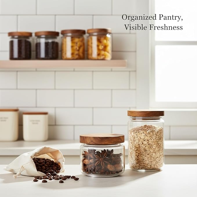 Clear Glass Storage Jars with Acacia Wood Lids for Pantry Organization - Dry Food Containers for Kitchen Countertops - Image 2