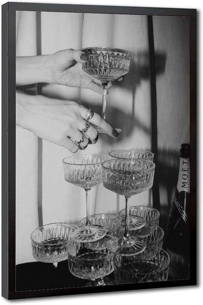 Champagne Glasses Wall , Black And White Art, Wine Glasses Poster, Bar Cart , Cocktail, Retro Photography, Bar Wall Decor Canvas Poster Wall Art Decor Print Picture Paintings for Living Room Bedroom D by Unknown