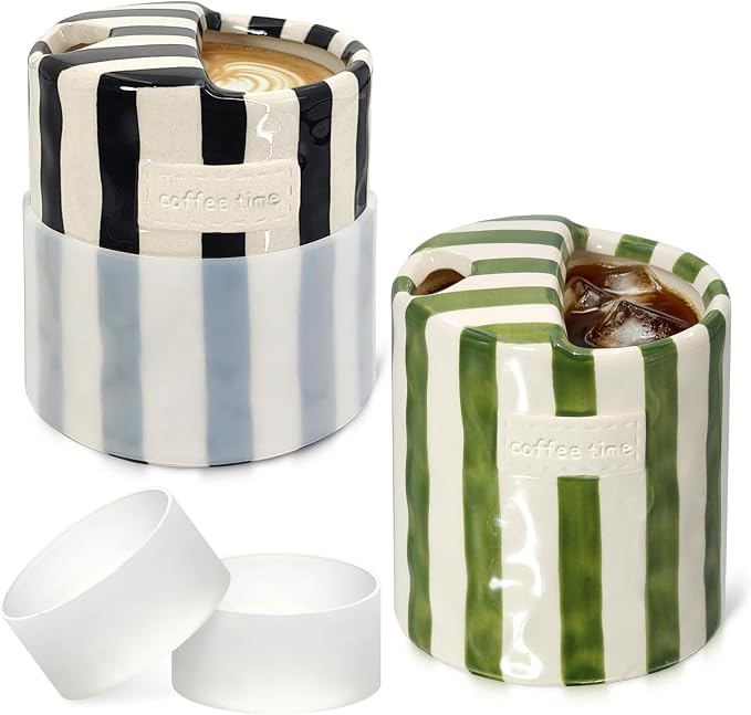 2-Pack 10 oz Ceramic Coffee Mug with Sip Hole & Silicone Sleeve | Cute Hand-Painted Striped Porcelain, Gift for Coffee Lover, Cold & Hot Drinks, Microwave & Dishwasher Safe, Green, Black by ZLEVEAYN