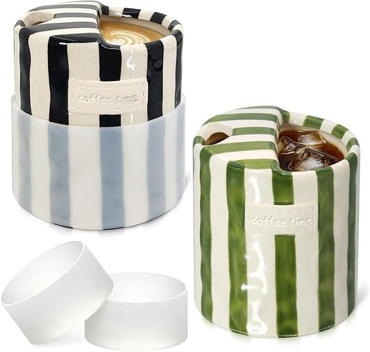 2-Pack 10 oz Ceramic Coffee Mug with Sip Hole & Silicone Sleeve | Cute Hand-Painted Striped Porcelain, Gift for Coffee Lover, Cold & Hot Drinks, Microwave & Dishwasher Safe, Green, Black by ZLEVEAYN