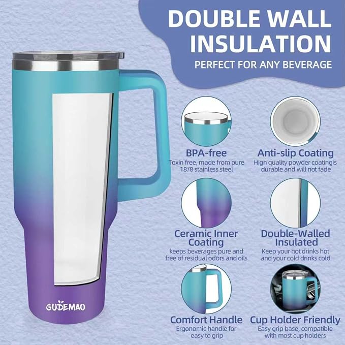 40 oz Insulated Coffee Mug with Ceramic Coating, Stainless Steel Travel Coffee Tumbler with Handle Lid and Straw, Double Wall Leak-Proof Coffee Travel Mug Keeps Drink Hot and Cold (Azure Purple) - Image 3