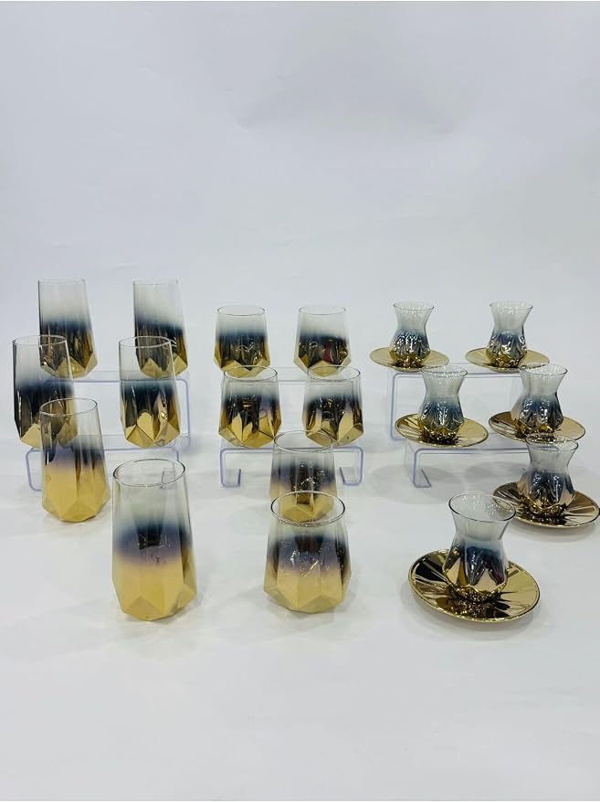 SODEF Titanium Coated 24 Piece quality Glassware Set - 6 Tall Glasses + 6 Short Glasses + 6 Tea Glasses, Yellow Color - Yellow - Image 2