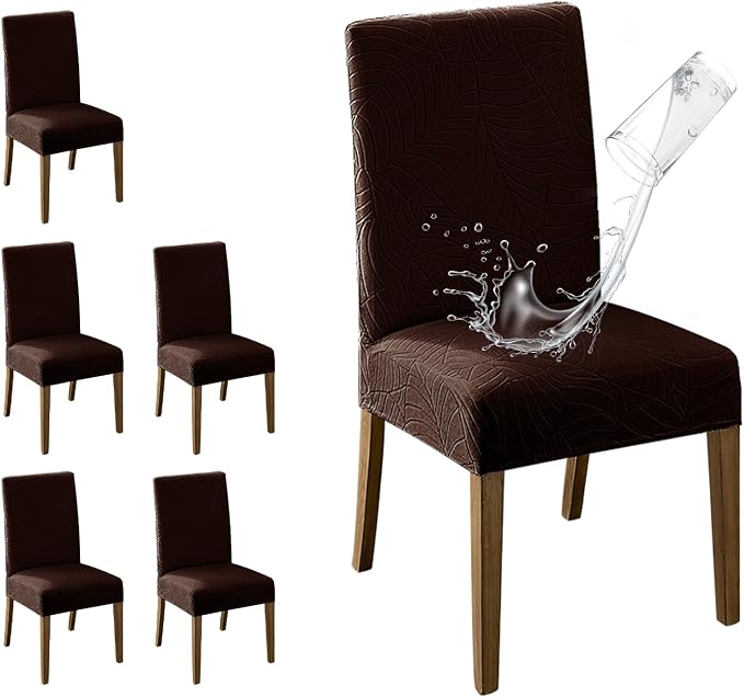 MOSAYT 100% Waterproof Dining Room Chair Covers Set of 6, Super Fit Stretch Jacquard Parson Chairs Slipcovers Removable Washable Chair Seat Protectors for Home, Kitchen, Banquet (Chocolate) by MOSAYT
