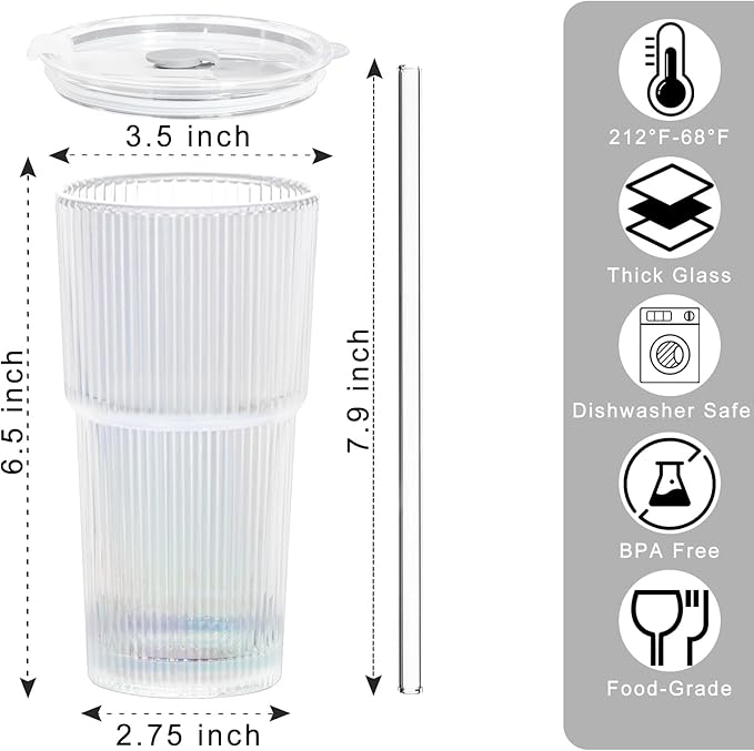 20oz Glass Tumblers with Lids and Glass Straws, Thickened for Iced Coffee, Smoothies,Cocktails and Juices-Elegant Durable for Home, Office,Travel (Rainbow)