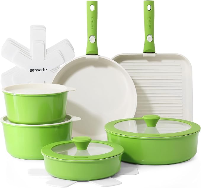 SENSARTE 17 Piece Ceramic Detachable Handle Pots and Pans Set Green | Ceramic Cookware Set, Induction Cookware Set with Removable Handle, Healthy Non Stick for RV, Dishwasher ＆ Oven Safe by SENSARTE