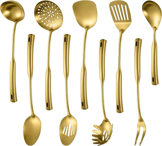 304 Stainless Steel Kitchen Cooking Utensils Set - 9 PCS Serving Utensils, Include Skimmer, Soup Ladle, Spaghetti Server, Wok Spatula, Slotted & Solid Spoon, Slotted Spatula Turner, Meat Fork (Gold） by IzurokBuynow