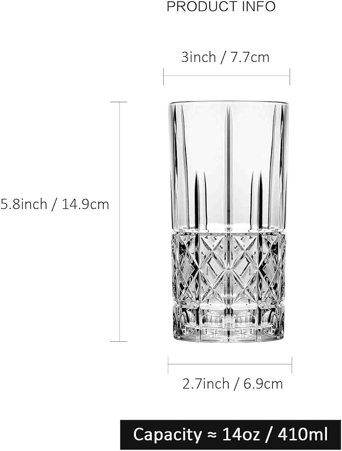 Tall Highball Glasses Set of 6, 14 Ounce Cups, Textured Designer Glassware for Drinking Water, Beer, or Soda, Trendy and Elegant Dishware, Dishwasher Safe - Image 2