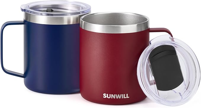 SUNWILL Travel Coffee Mug Set of 2, Insulated Tumbler with Lid, 14 oz Stainless Steel Cup with Handle for Camping, Office, Home, Powder Coated Navy Blue & Wine Red - Image 2